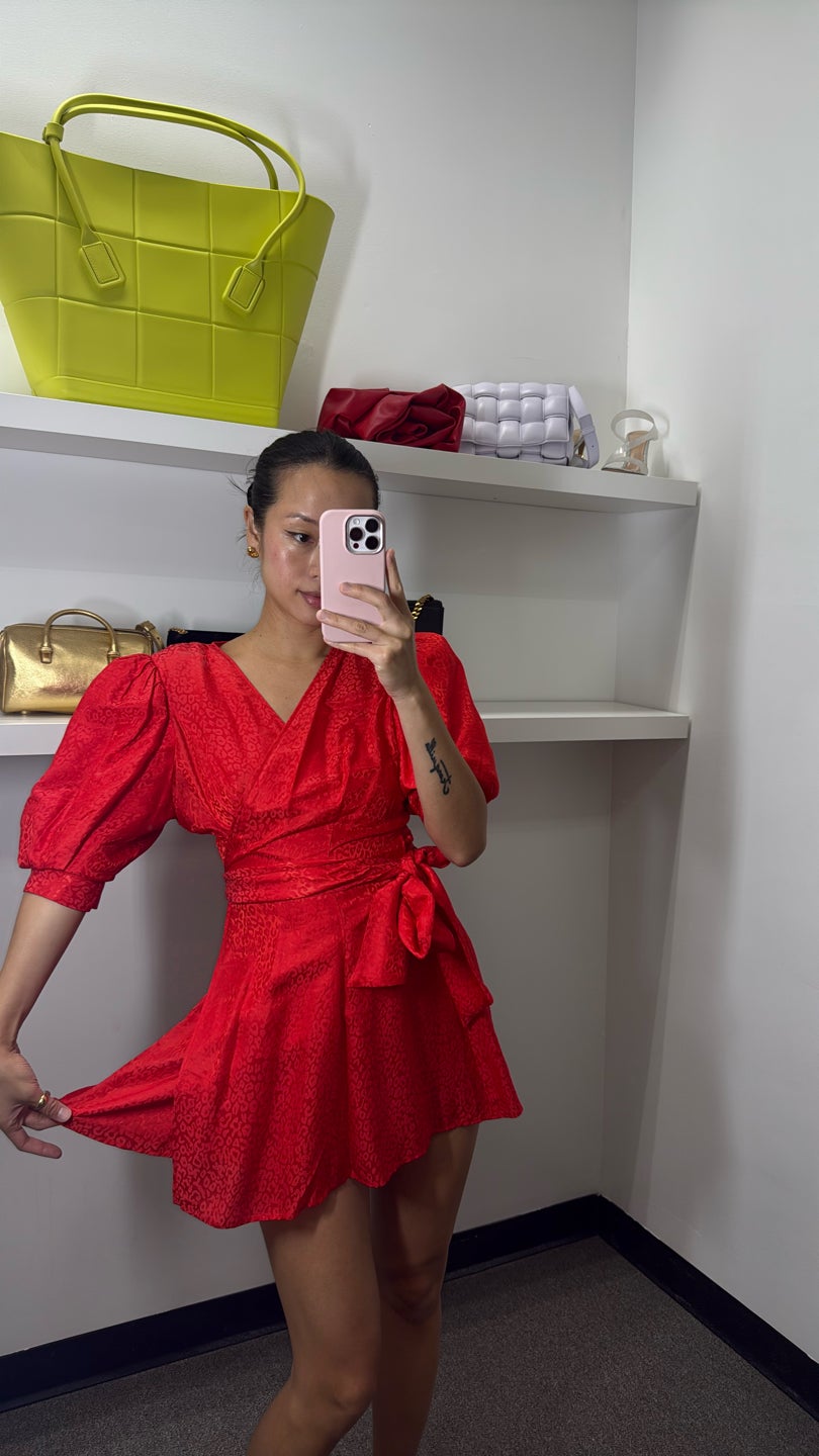 RONNY KOBO Party COCKTAIL DRESS Red wrap dress + Leopard print (313)
