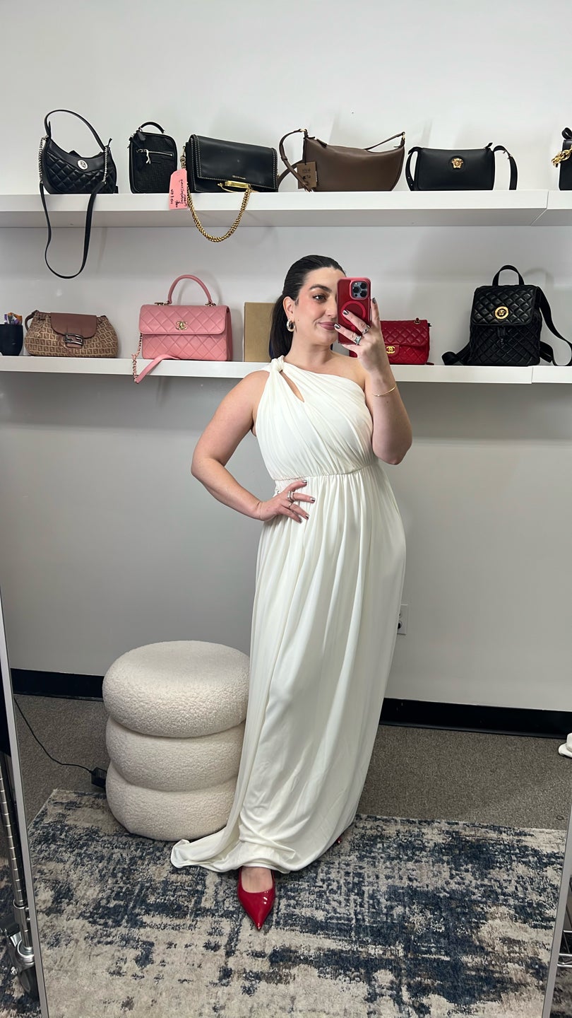 HALSTON White Pleated One Shoulder Gown