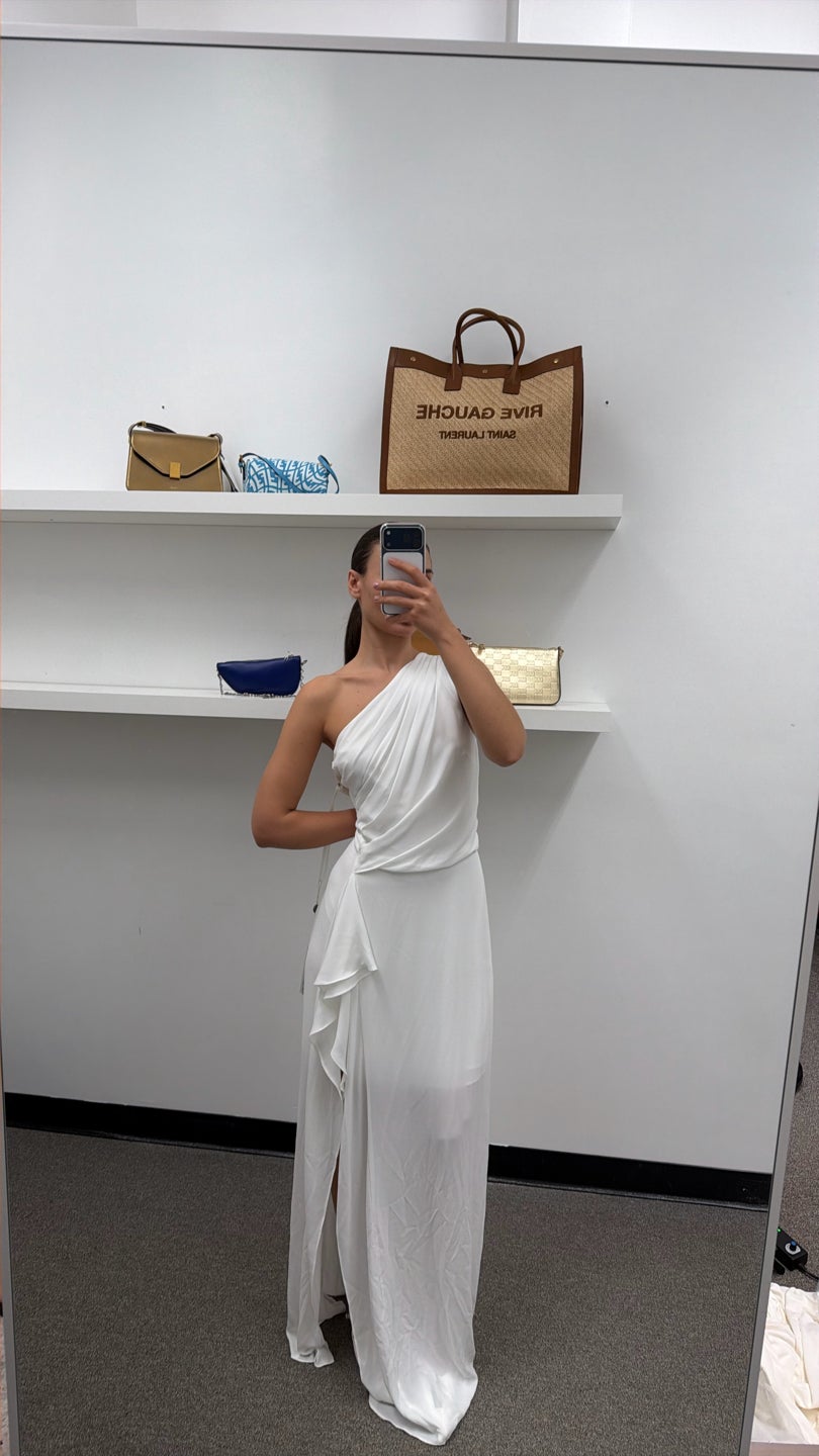 HALSTON White one shoulder gown with slit in the front