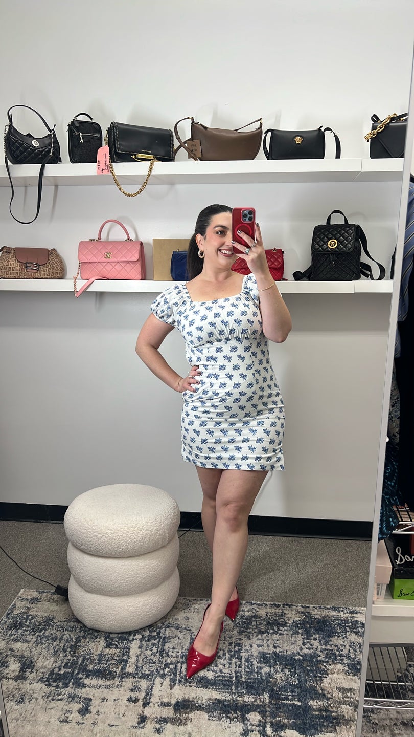 CAROLINE CONSTAS Tea Party Perfection 🫖 Coquette White Dress with blue florals and puff sleeves (441) — view 2