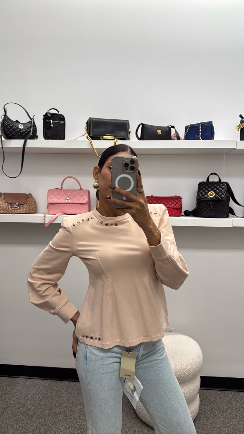 AGLINI 🤌🏻Blush Cotton Blend Shoulder Pads Embellished Sweater — view 2