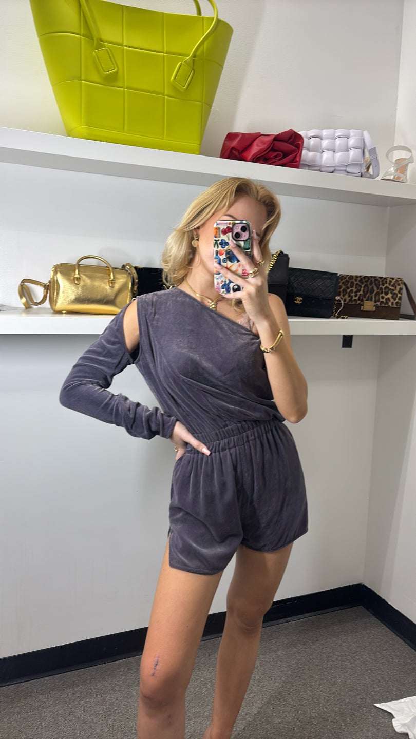 RICK OWENS Purple Velour One Shoulder Romper — view 2