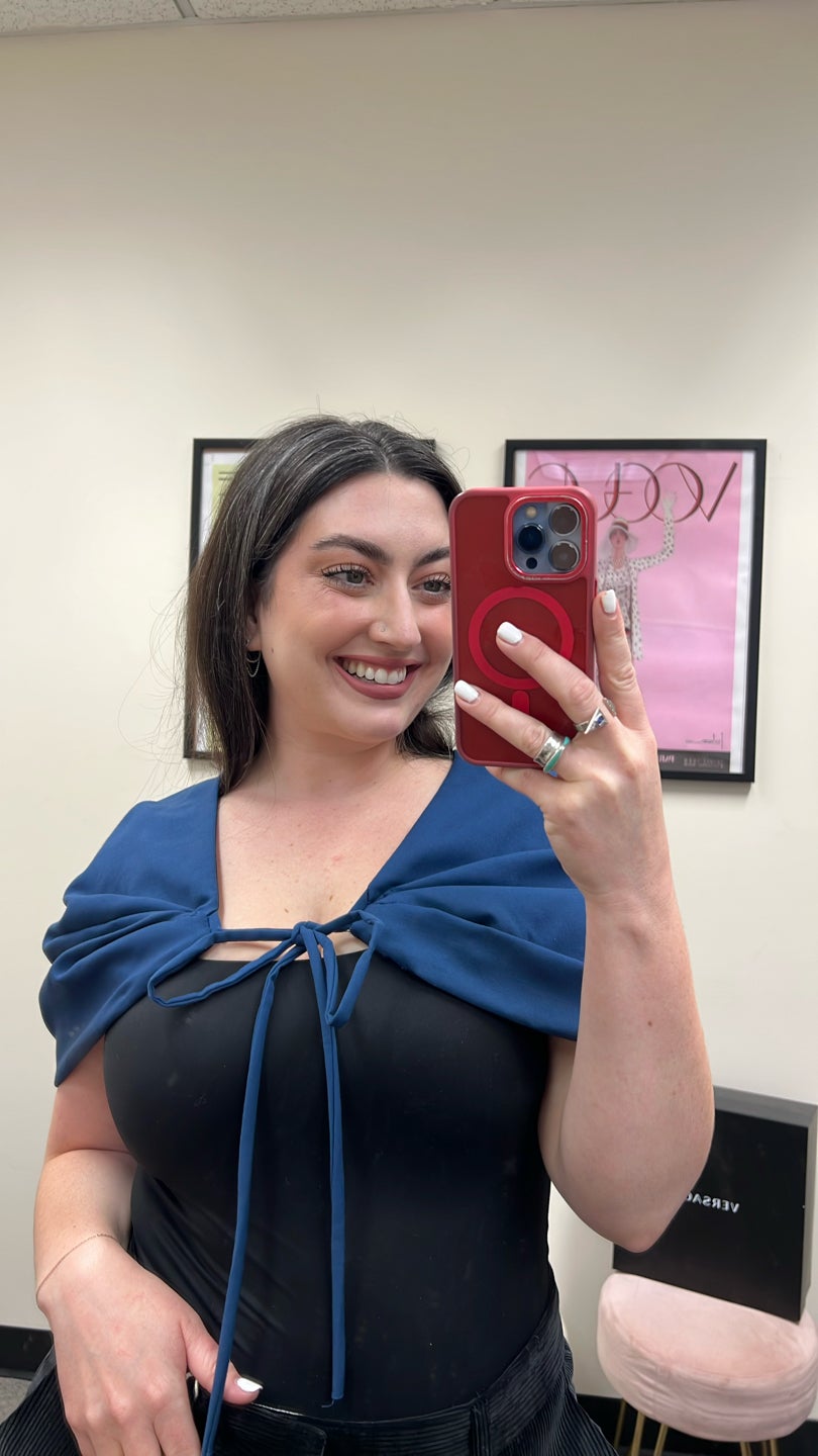 MAISON LAVINIATURRA Blue Cold Shoulder Tie Front Cape — view 2