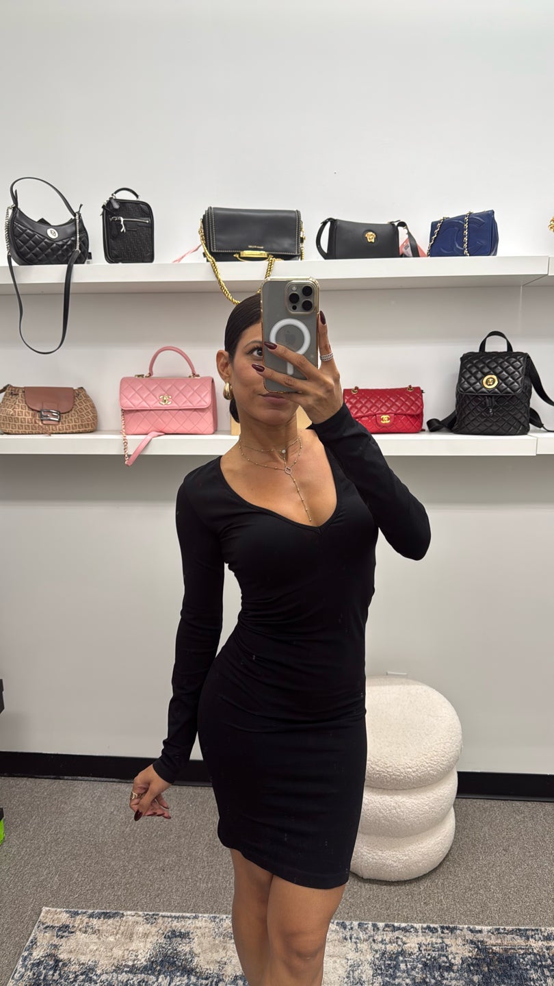 HELMUT LANG 😎🖤 Black Nylon and Spandex Long Sleeves Dress (408)