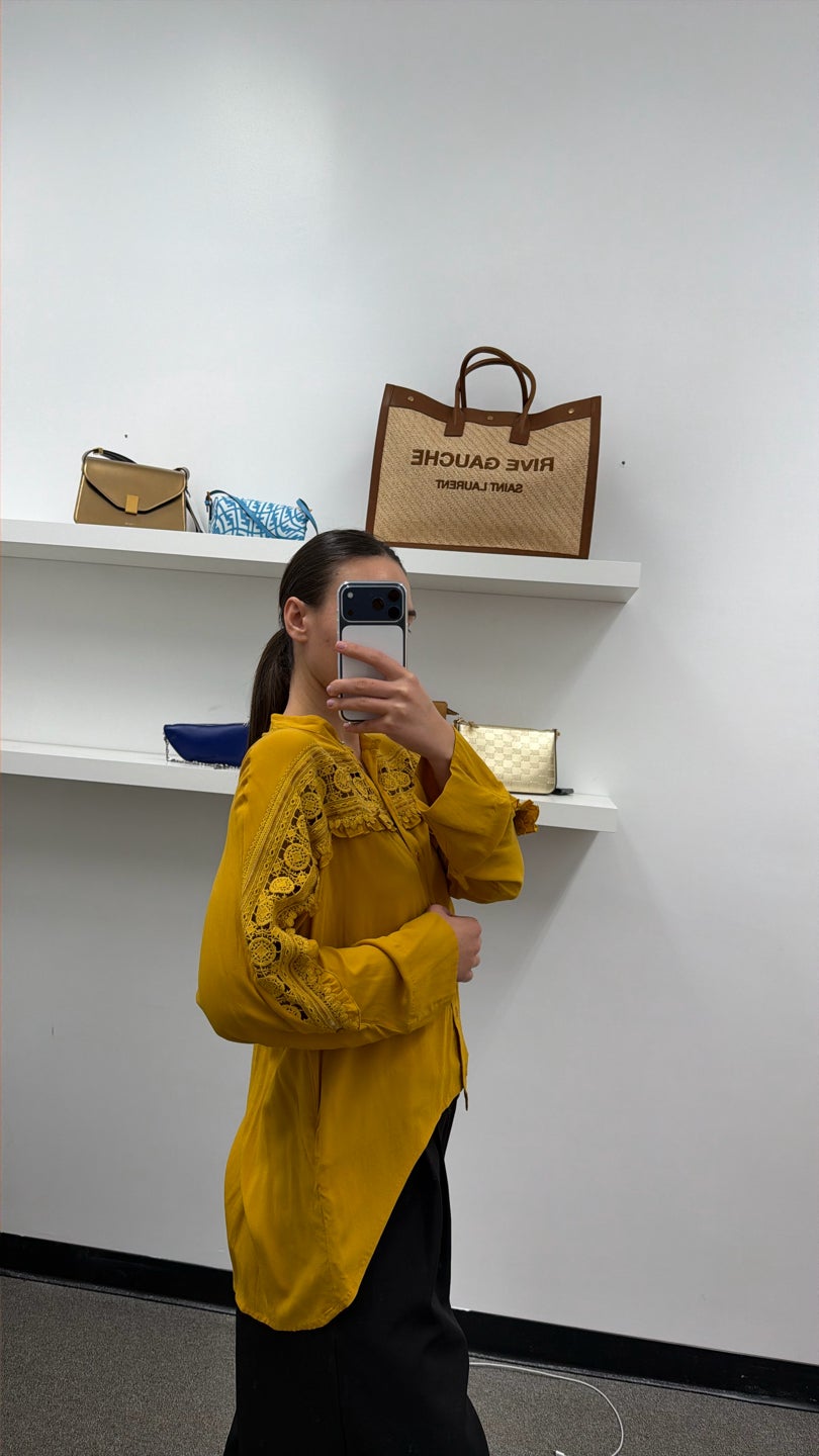 HIGH Mustard asymmetrical long sleeve top crochet (525) — view 2