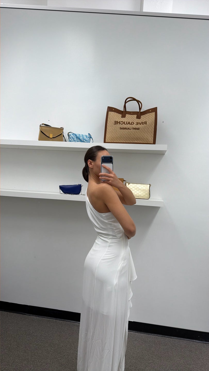 HALSTON White one shoulder gown with slit in the front — view 3