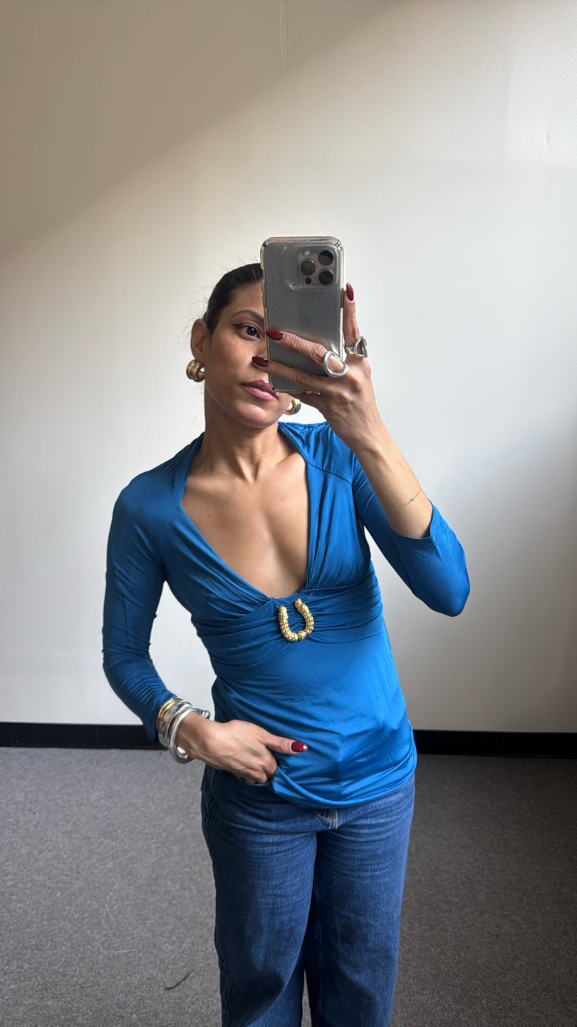 ROBERT CAVALLI Blue Long Sleeves Golden Piece Top (1073) — view 3