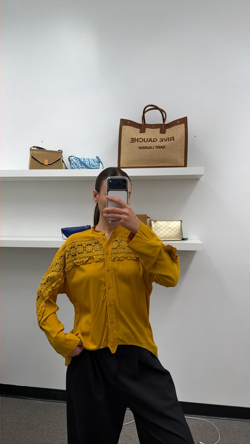 HIGH Mustard asymmetrical long sleeve top crochet (525) — view 3