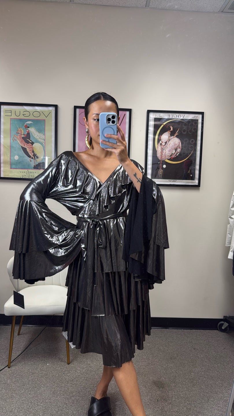 NORMA KAMALI ❤️‍🔥New with Tag❤️‍🔥Ruffle gunmetal wrap dress ‼️ — view 2