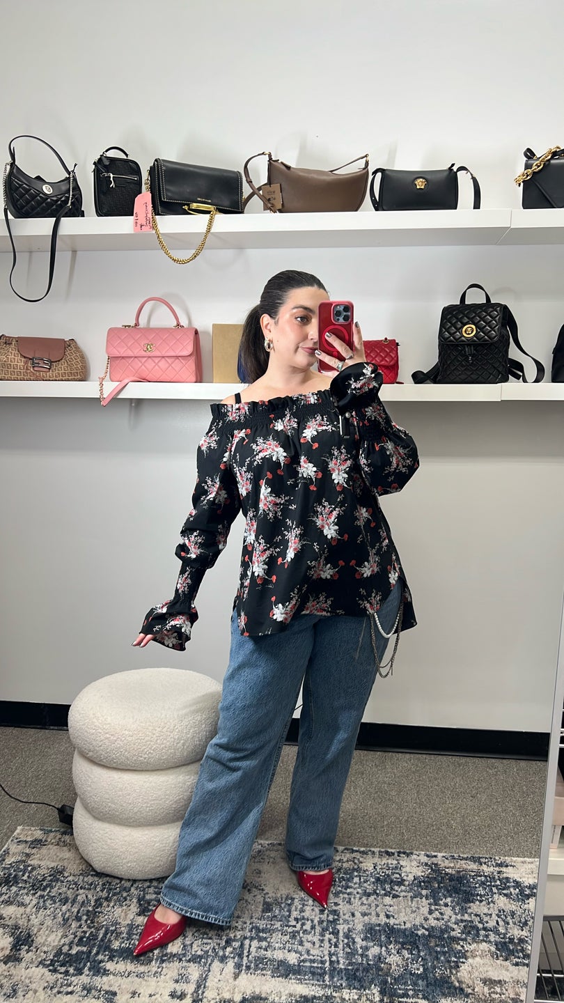 ADAM LIPPES Black Floral off the shoulder top (516) — view 2