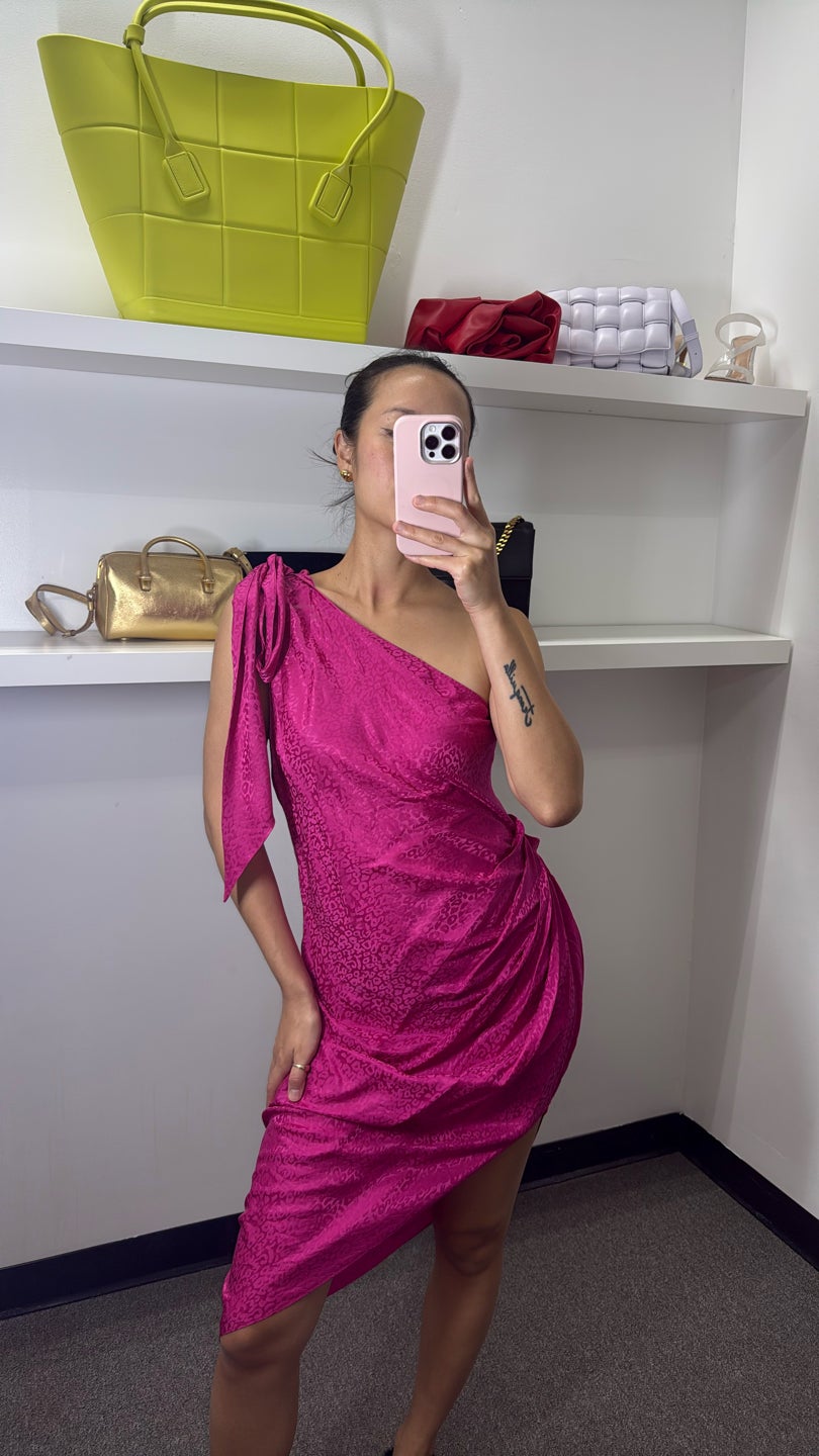 RONNY KOBO 🐆Jaquard pink leopard💖Bow asymmetrical cocktail dress